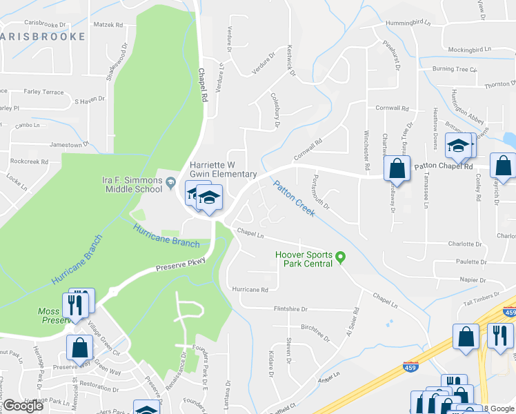 map of restaurants, bars, coffee shops, grocery stores, and more near 910 Chapel Creek Drive in Birmingham