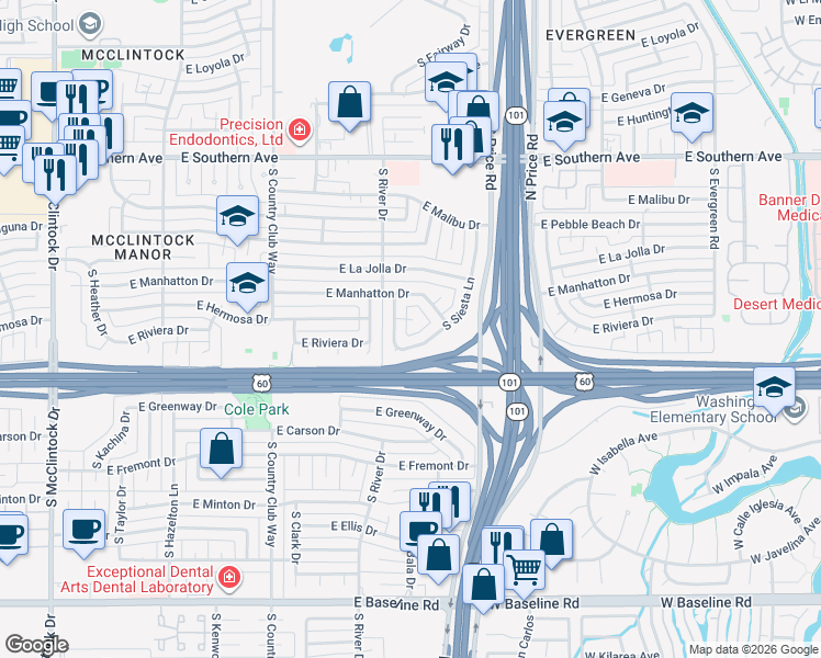 map of restaurants, bars, coffee shops, grocery stores, and more near 3917 South Shannon Drive in Tempe