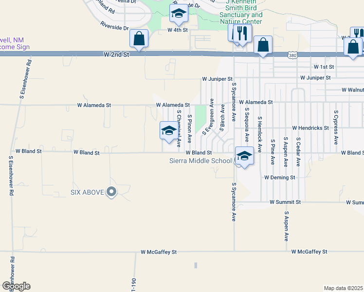 map of restaurants, bars, coffee shops, grocery stores, and more near 515 South Chamisal Avenue in Roswell