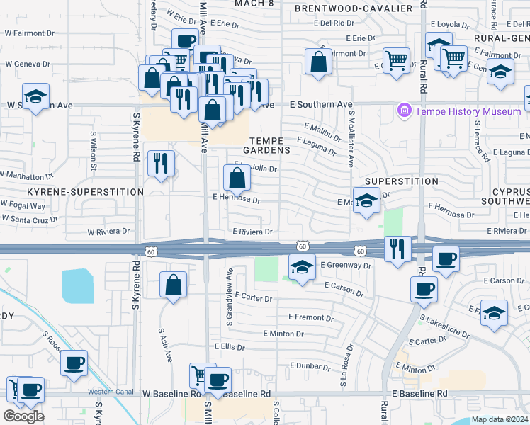 map of restaurants, bars, coffee shops, grocery stores, and more near 158 East Santa Cruz Drive in Tempe