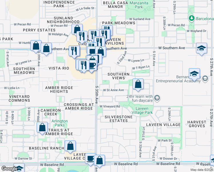map of restaurants, bars, coffee shops, grocery stores, and more near 3428 West Saint Anne Avenue in Phoenix