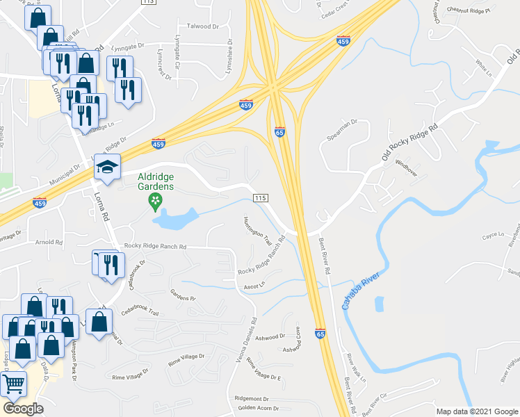 map of restaurants, bars, coffee shops, grocery stores, and more near 2251 Old Rocky Ridge Road in Birmingham