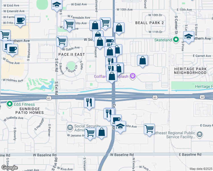 map of restaurants, bars, coffee shops, grocery stores, and more near 435 West Holmes Avenue in Mesa