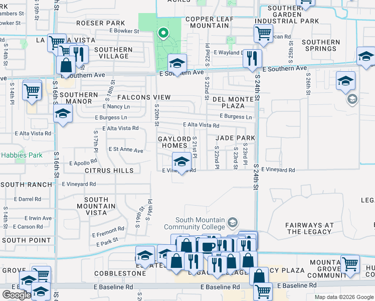 map of restaurants, bars, coffee shops, grocery stores, and more near 2052 East Saint Charles Avenue in Phoenix