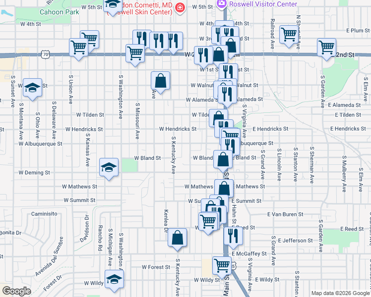 map of restaurants, bars, coffee shops, grocery stores, and more near 602 South Pennsylvania Avenue in Roswell