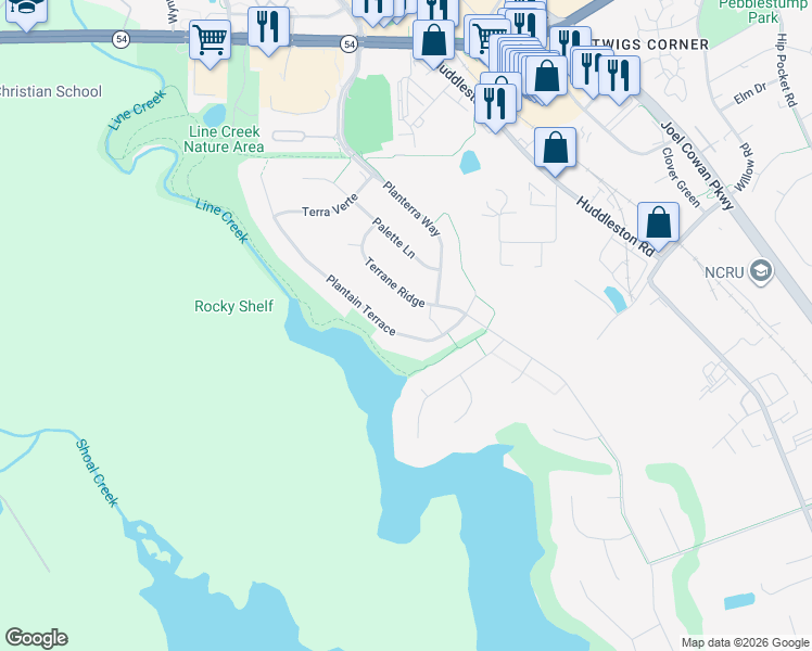 map of restaurants, bars, coffee shops, grocery stores, and more near 417 Plantain Terrace in Peachtree City