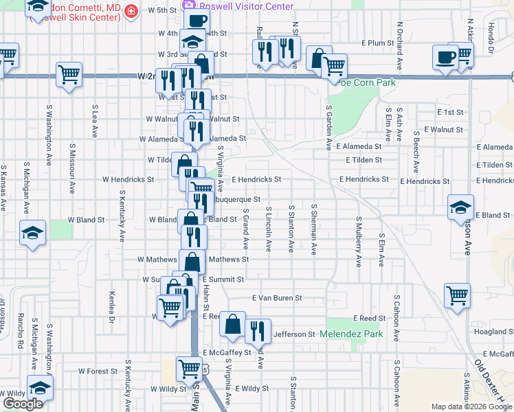 map of restaurants, bars, coffee shops, grocery stores, and more near 301-399 East Bland Street in Roswell