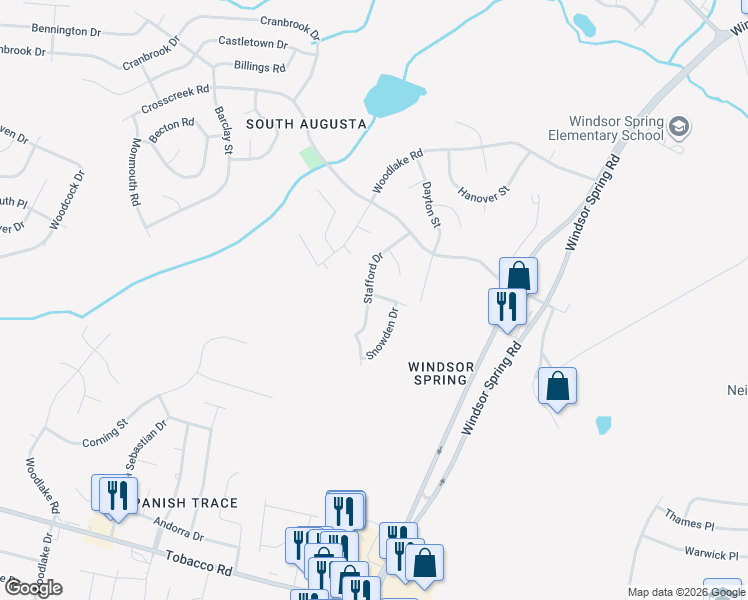 map of restaurants, bars, coffee shops, grocery stores, and more near 3531 Stafford Drive in Hephzibah