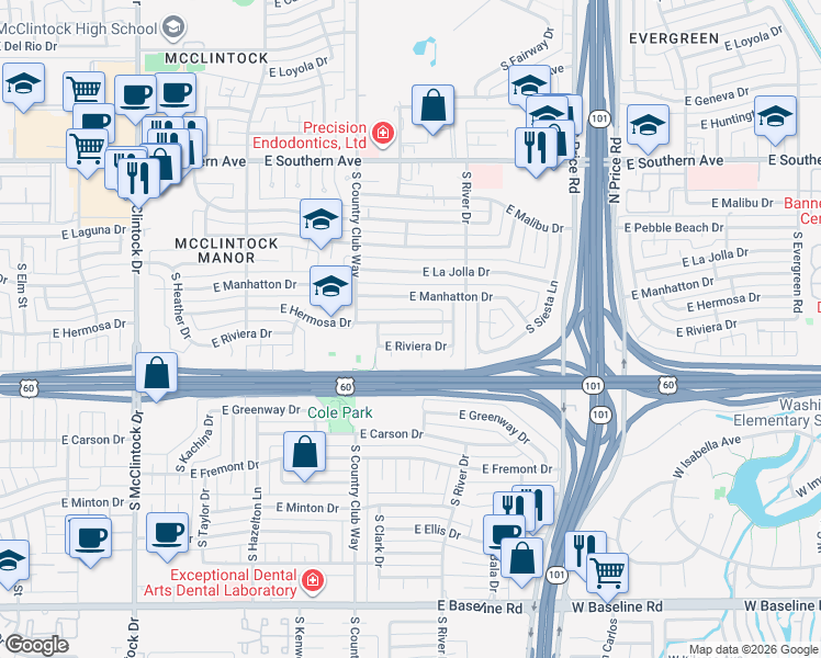 map of restaurants, bars, coffee shops, grocery stores, and more near 2048 East Riviera Drive in Tempe