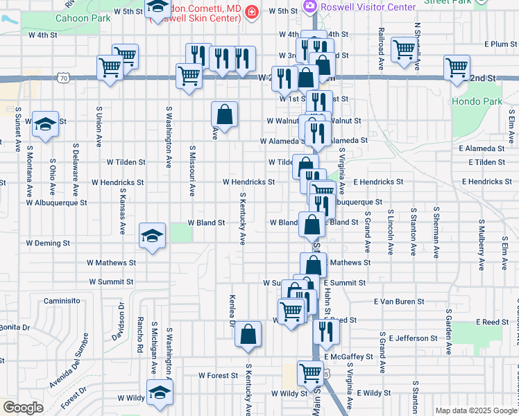 map of restaurants, bars, coffee shops, grocery stores, and more near 600-698 S Pennsylvania Ave in Roswell
