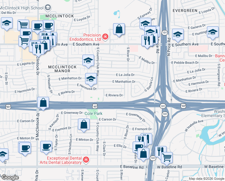 map of restaurants, bars, coffee shops, grocery stores, and more near 2048 East Riviera Drive in Tempe