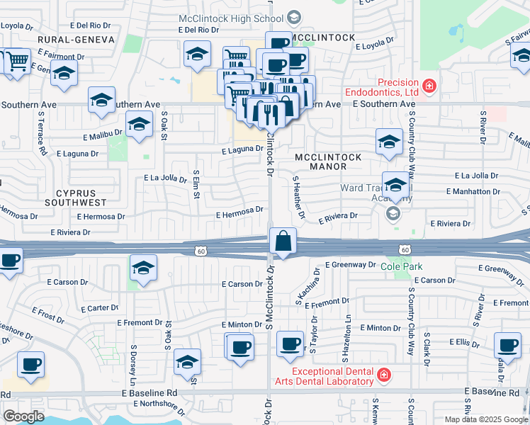 map of restaurants, bars, coffee shops, grocery stores, and more near in Tempe