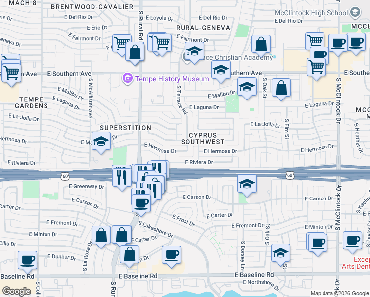 map of restaurants, bars, coffee shops, grocery stores, and more near 1039 East Hermosa Drive in Tempe