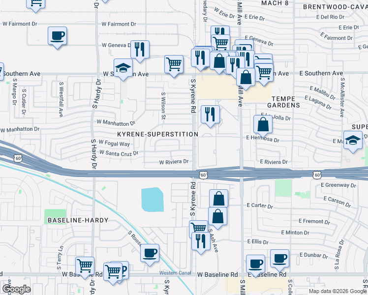 map of restaurants, bars, coffee shops, grocery stores, and more near 335 West Santa Cruz Drive in Tempe