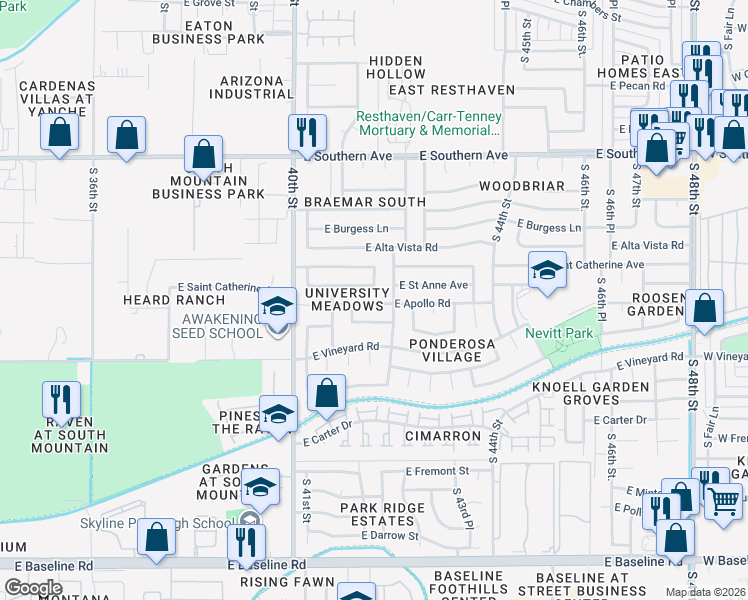 map of restaurants, bars, coffee shops, grocery stores, and more near 4140 East Saint Charles Avenue in Phoenix