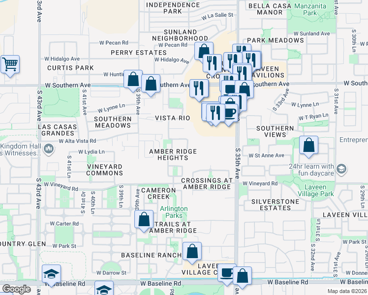 map of restaurants, bars, coffee shops, grocery stores, and more near 6524 South 37th Drive in Phoenix