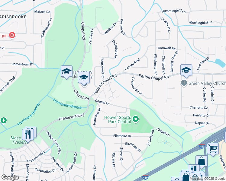 map of restaurants, bars, coffee shops, grocery stores, and more near 1902 Patton Creek Lane in Hoover