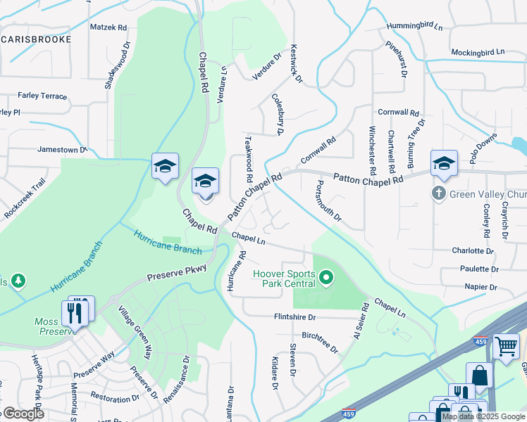 map of restaurants, bars, coffee shops, grocery stores, and more near 1902 Patton Creek Lane in Hoover