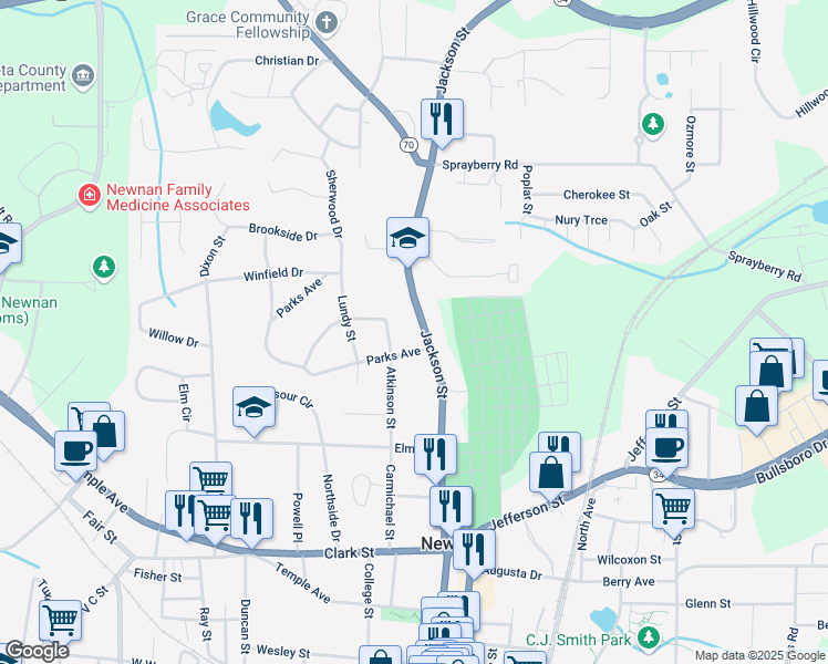 map of restaurants, bars, coffee shops, grocery stores, and more near 158 Jackson Street in Newnan