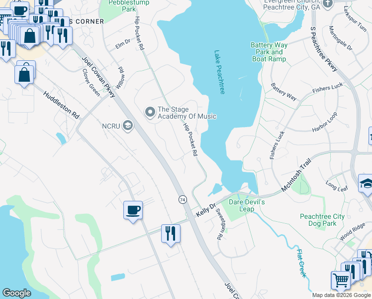 map of restaurants, bars, coffee shops, grocery stores, and more near 1100 Hip Pocket Road in Peachtree City