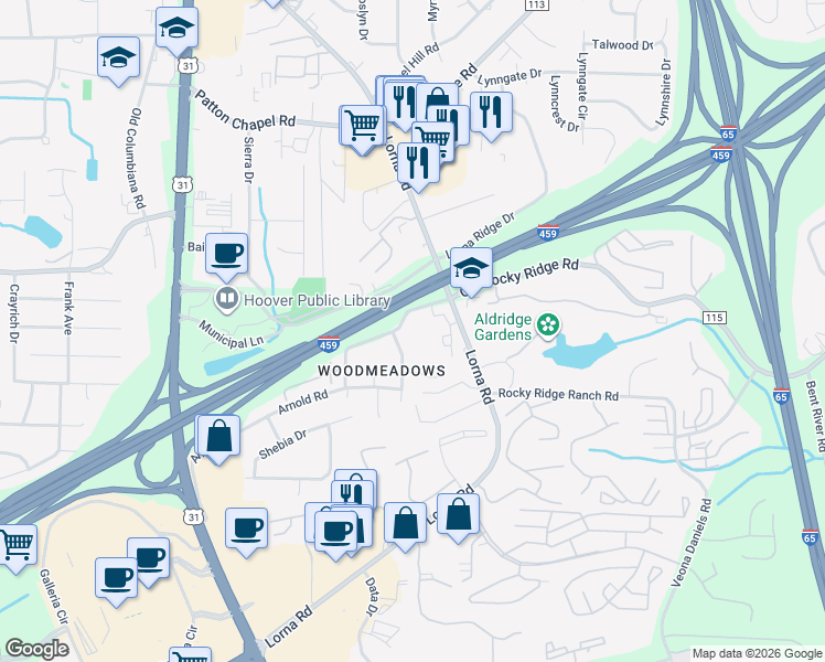 map of restaurants, bars, coffee shops, grocery stores, and more near 2075 Woodmeadow Drive in Birmingham