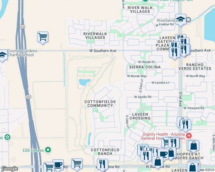 map of restaurants, bars, coffee shops, grocery stores, and more near 6439 South Beckham Way in Phoenix