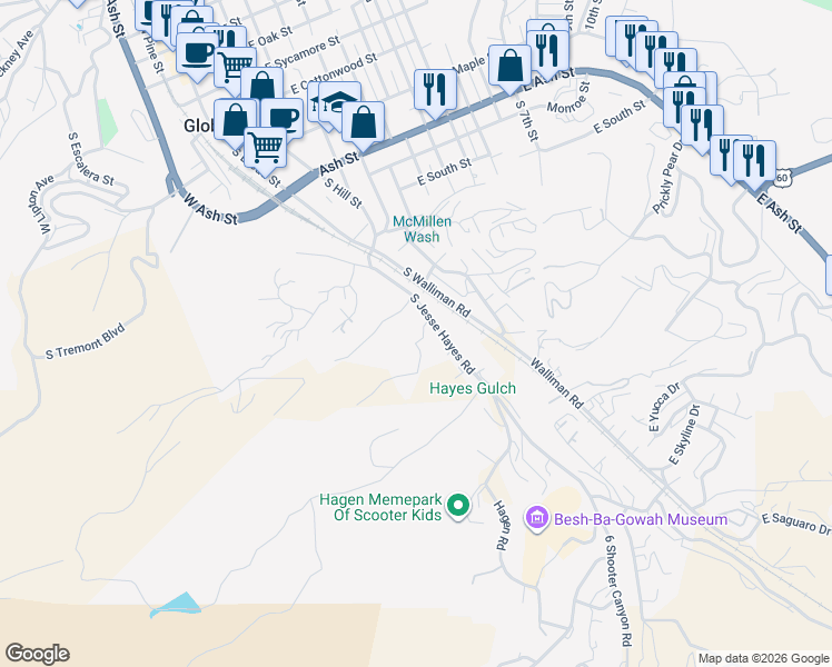 map of restaurants, bars, coffee shops, grocery stores, and more near 235 Westridge Drive in Globe