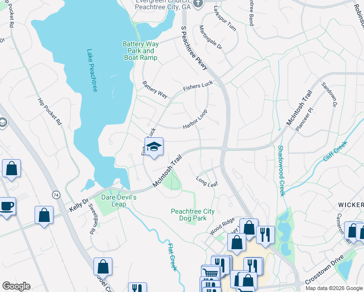 map of restaurants, bars, coffee shops, grocery stores, and more near 150 Long Leaf in Peachtree City