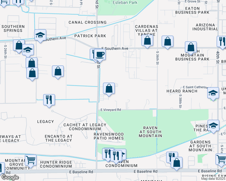 map of restaurants, bars, coffee shops, grocery stores, and more near 6623 South 32nd Street in Phoenix
