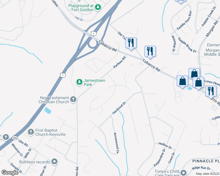 map of restaurants, bars, coffee shops, grocery stores, and more near 3407 Nance Boulevard in Hephzibah