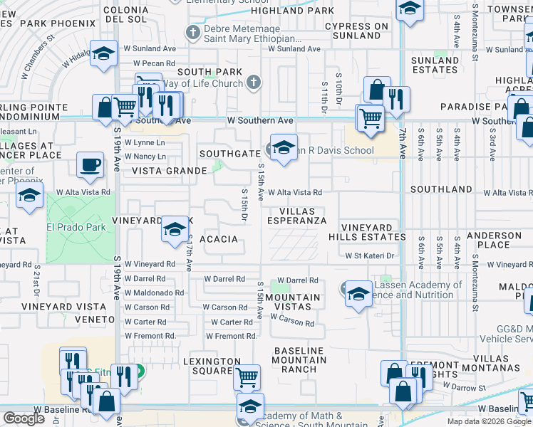 map of restaurants, bars, coffee shops, grocery stores, and more near 6402 South 15th Avenue in Phoenix