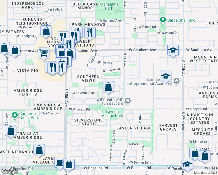 map of restaurants, bars, coffee shops, grocery stores, and more near 3205 West Saint Catherine Avenue in Phoenix