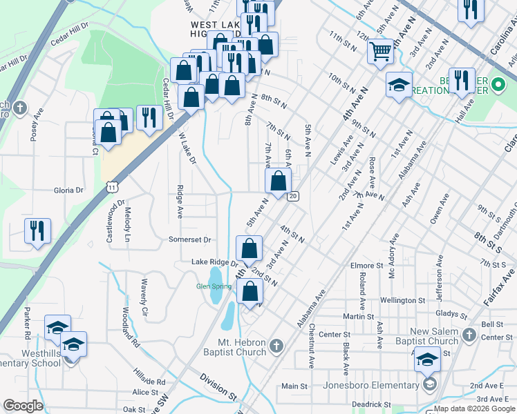 map of restaurants, bars, coffee shops, grocery stores, and more near 326 4th Avenue North in Bessemer