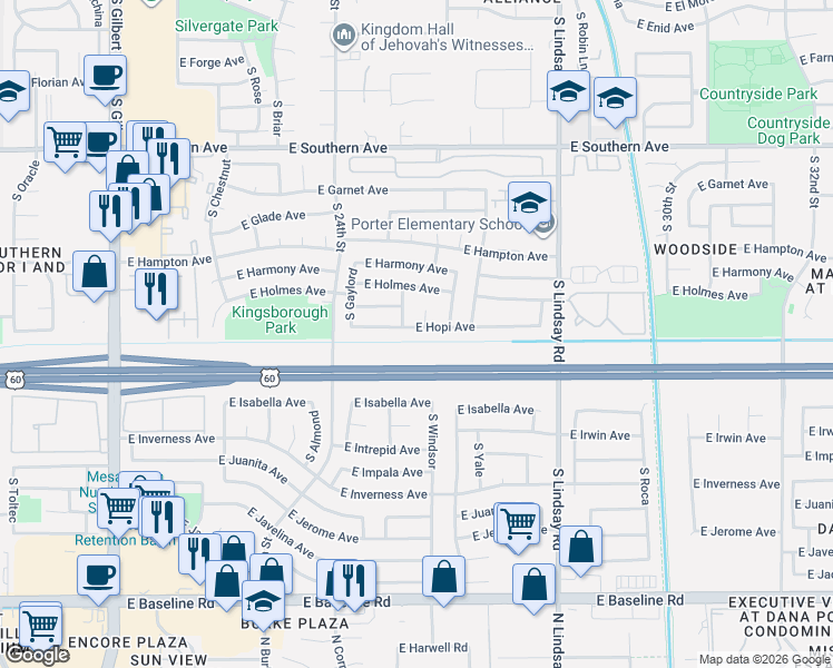 map of restaurants, bars, coffee shops, grocery stores, and more near 2527 East Hopi Avenue in Mesa