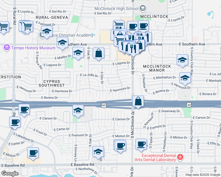 map of restaurants, bars, coffee shops, grocery stores, and more near 3912 South Willow Drive in Tempe