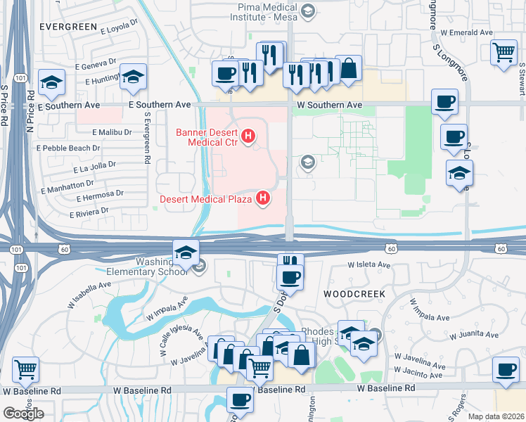 map of restaurants, bars, coffee shops, grocery stores, and more near 1520 South Dobson Road in Mesa