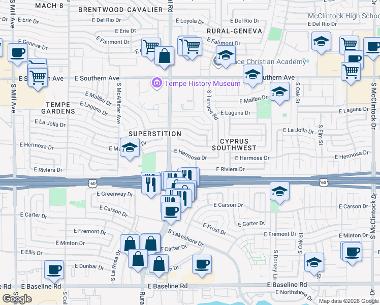 map of restaurants, bars, coffee shops, grocery stores, and more near 1003 East Hermosa Drive in Tempe