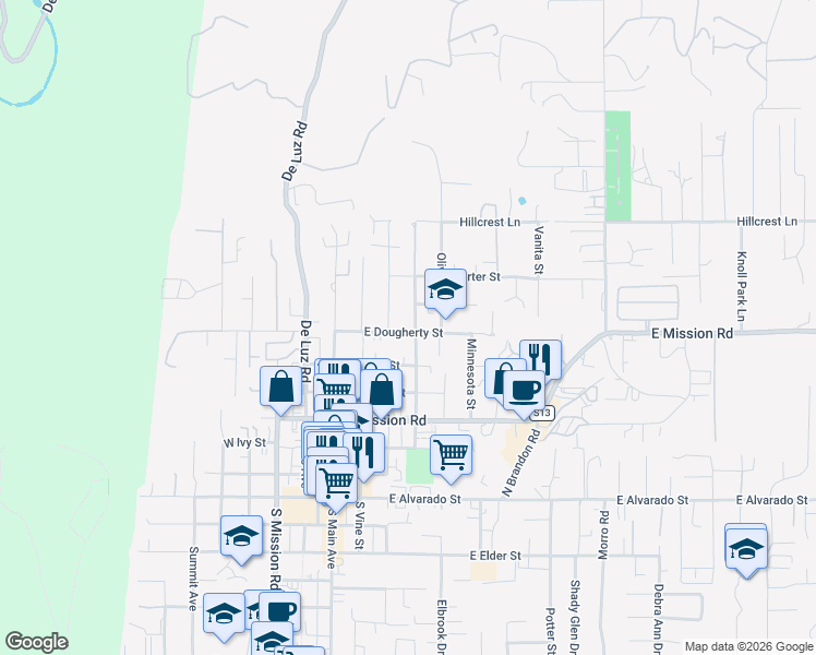 map of restaurants, bars, coffee shops, grocery stores, and more near 334 East Dougherty Street in Fallbrook