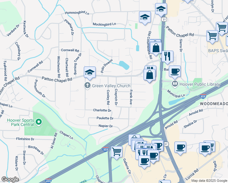 map of restaurants, bars, coffee shops, grocery stores, and more near 3432 Crayrich Drive in Birmingham