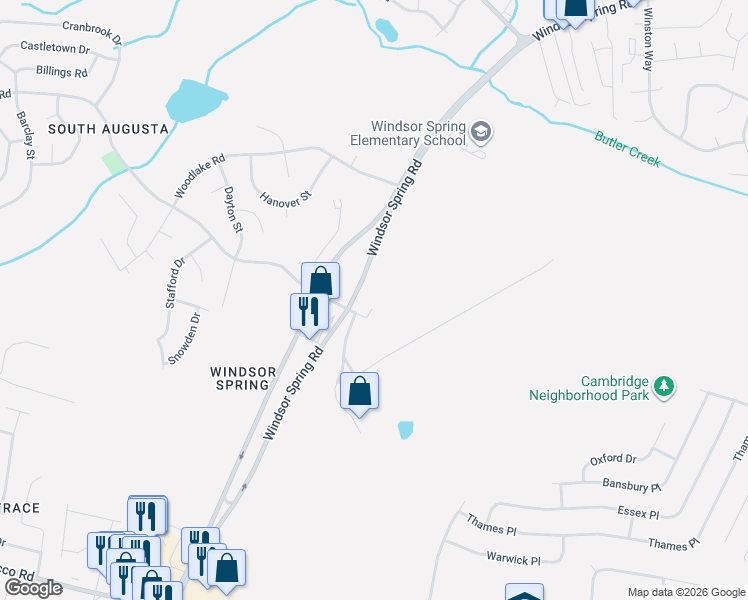map of restaurants, bars, coffee shops, grocery stores, and more near 3550 Windsor Spring Road in Hephzibah