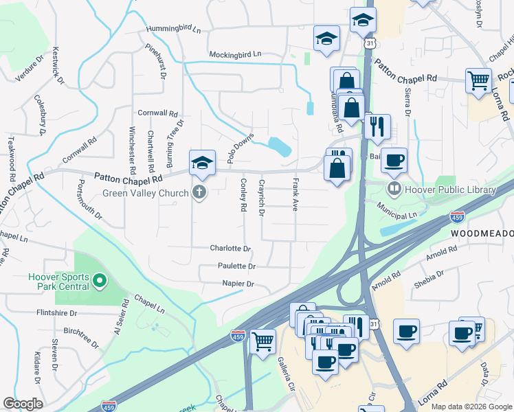map of restaurants, bars, coffee shops, grocery stores, and more near 1850 Wisterwood Drive in Birmingham