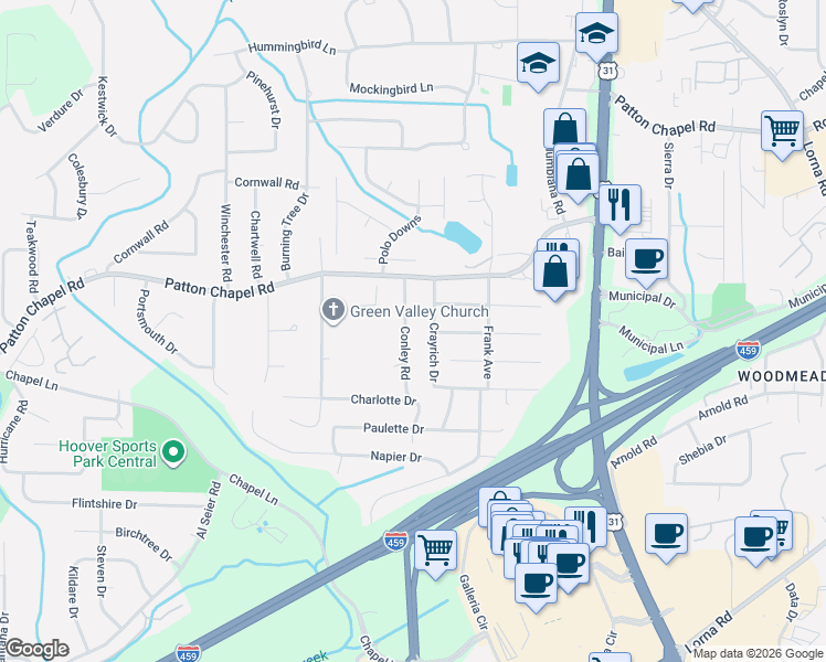 map of restaurants, bars, coffee shops, grocery stores, and more near 3441 Conley Road in Birmingham