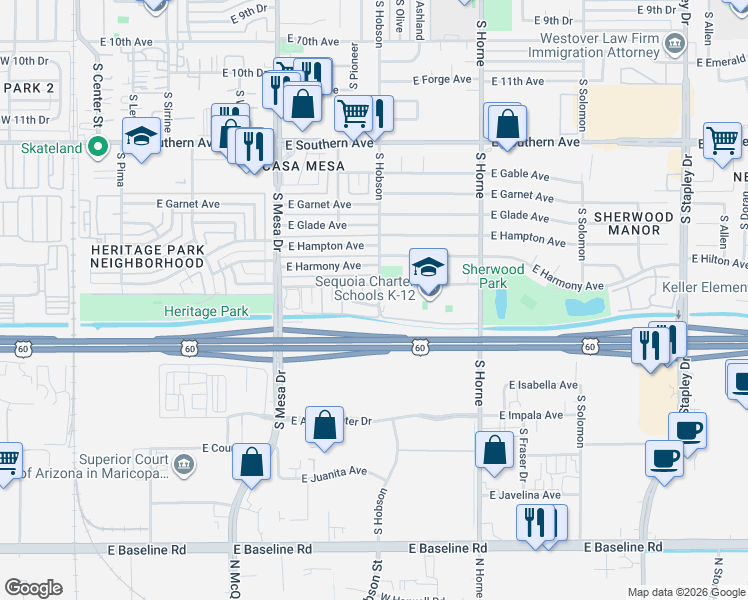 map of restaurants, bars, coffee shops, grocery stores, and more near 561 East Hilton Avenue in Mesa