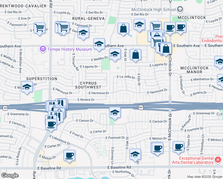 map of restaurants, bars, coffee shops, grocery stores, and more near 1281 East Hermosa Drive in Tempe