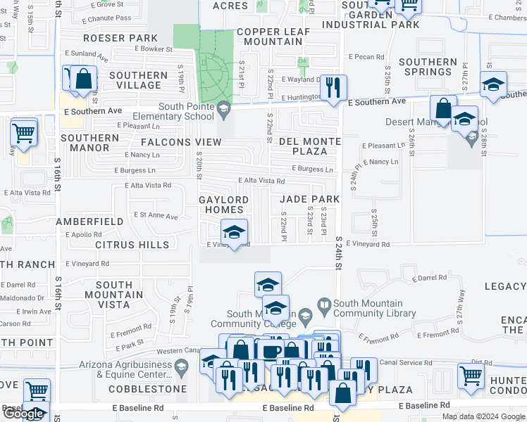 map of restaurants, bars, coffee shops, grocery stores, and more near 6619 South 21st Place in Phoenix