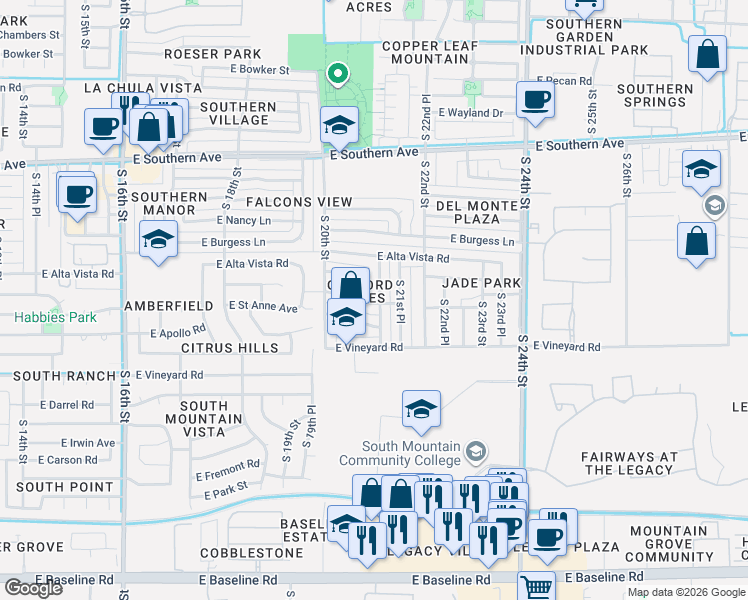 map of restaurants, bars, coffee shops, grocery stores, and more near 2052 East Saint Charles Avenue in Phoenix