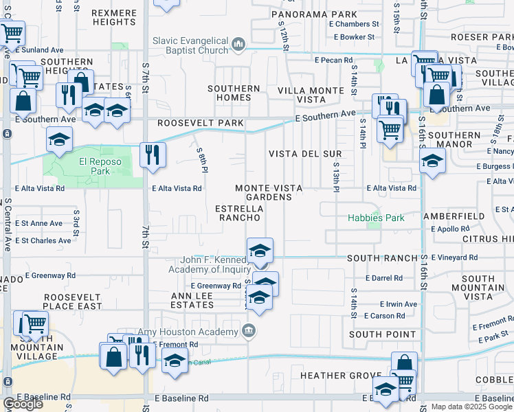 map of restaurants, bars, coffee shops, grocery stores, and more near 6439 South 10th Street in Phoenix