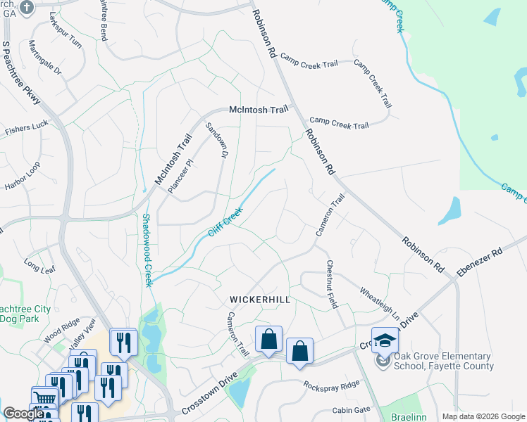 map of restaurants, bars, coffee shops, grocery stores, and more near 117 Bowmoor Bank in Peachtree City