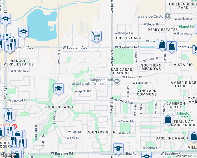 map of restaurants, bars, coffee shops, grocery stores, and more near 4343 West Alta Vista Road in Phoenix