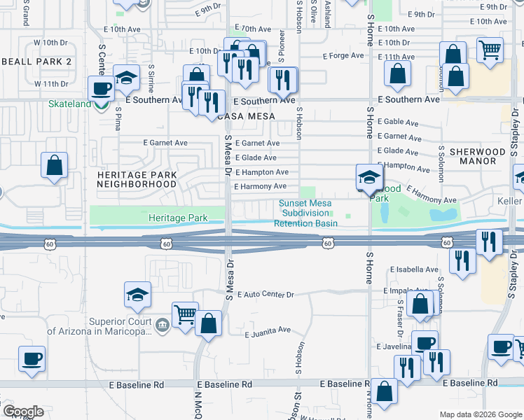 map of restaurants, bars, coffee shops, grocery stores, and more near 1517 South Kay Circle in Mesa